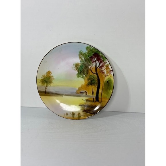 Antique Nippon Hand Painted Scenic Barn Scene Plate Green makers mark - Picture 1 of 4